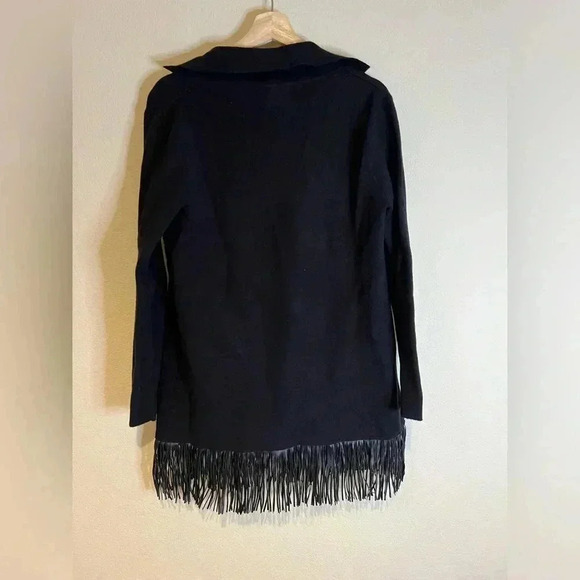 Oliver by Escio Longline Sweater Duster Faux Leather Pockets Fringes Black M - Picture 4 of 7